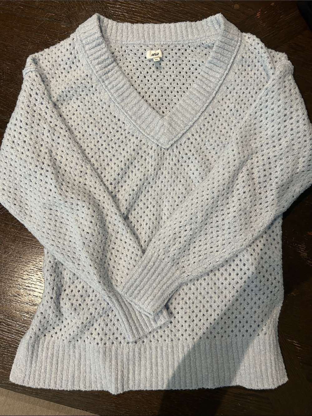 Aerie Light Blue V-Neck Pointelle Sweater -